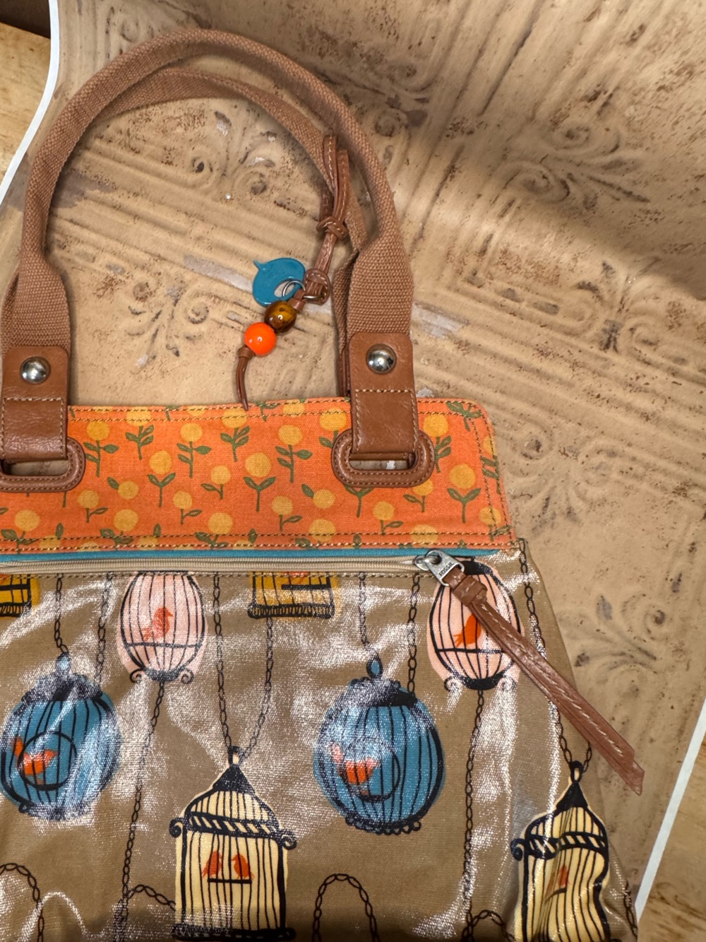 Fossil Key-Per Orange, Tan & Blue Birdcage Shoulder Bag